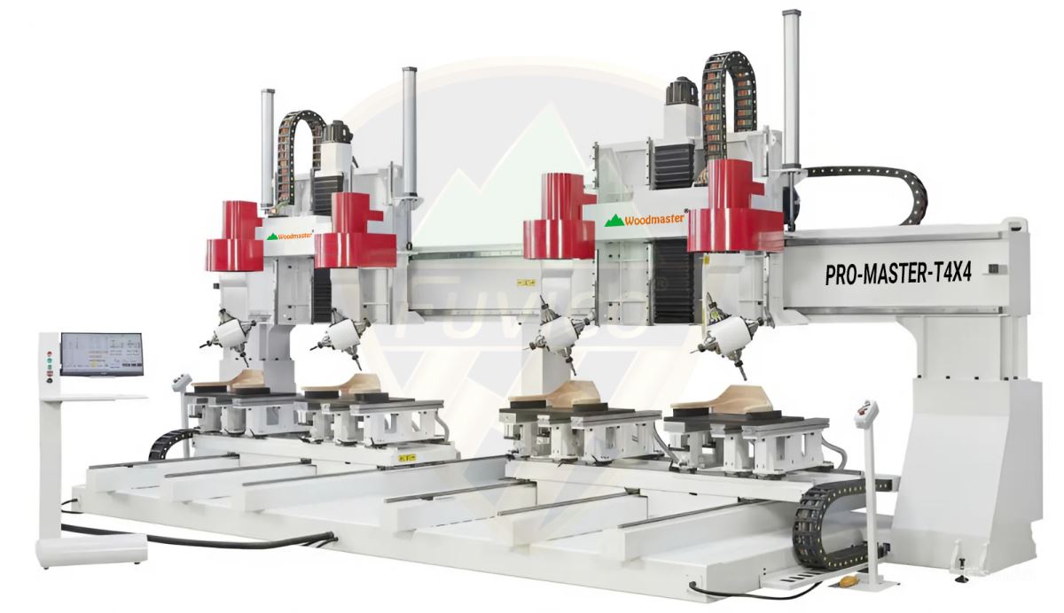 MÁY PHAY CNC 3D 5 TRỤC 4 ĐẦU LÀM VIỆC ĐỒNG THỜI 2 BÀN KÉP PRO-MASTER-T4X4 WOODMASTER