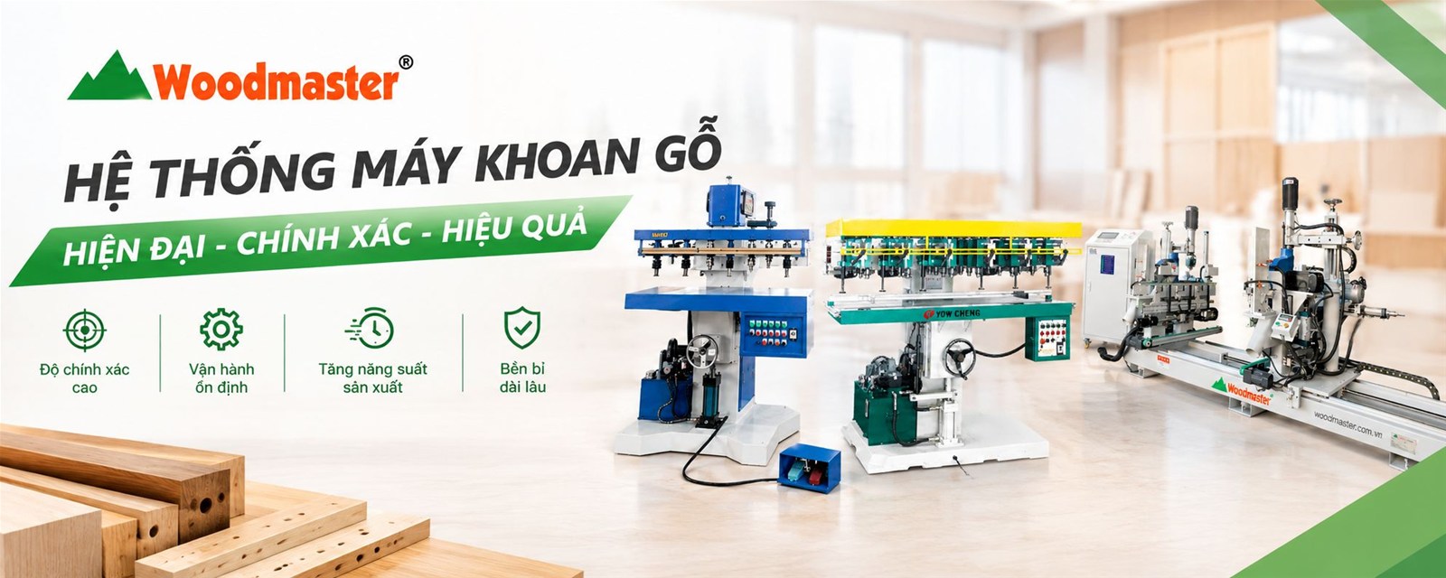 Hệ thống máy khoan gỗ Woodmaster gồm máy khoan đứng và máy khoan 2 đầu tự động
